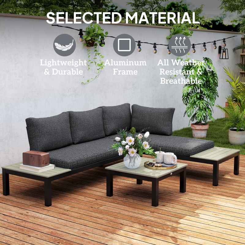 Outsunny 3 Pieces Garden Furniture Set, Aluminium 4 Seater Corner Sofa Set with 2 Loveseats, Coffee Table and Side Trays, Outdoor Conversation Furniture with Cushions for Garden, Dark Grey
