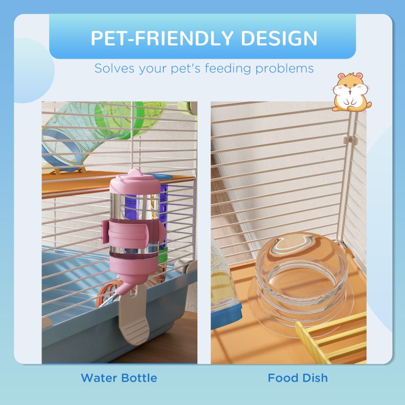 Pawhut 5 Tier Hamster Cage, Gerbil Cage with Tube Exercise Wheels, Tunnel, Water Bottle, Dishes, 58H x 46L x 30Wcm, Light Blue