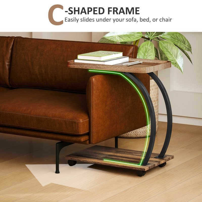 HOMCOM C Shaped Side Table with Storage, Mobile 2-Tier Bedside Table with Tray Top, Wheels, Steel Frame for Living Room, Bedroom, Brown