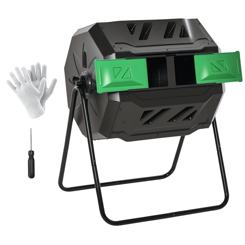 Outsunny 160L Tumbling Compost Bin Outdoor Dual Chamber 360 Rotating Composter, Garden Compost Bin w/ Sliding Doors & Solid Steel Frame, Black