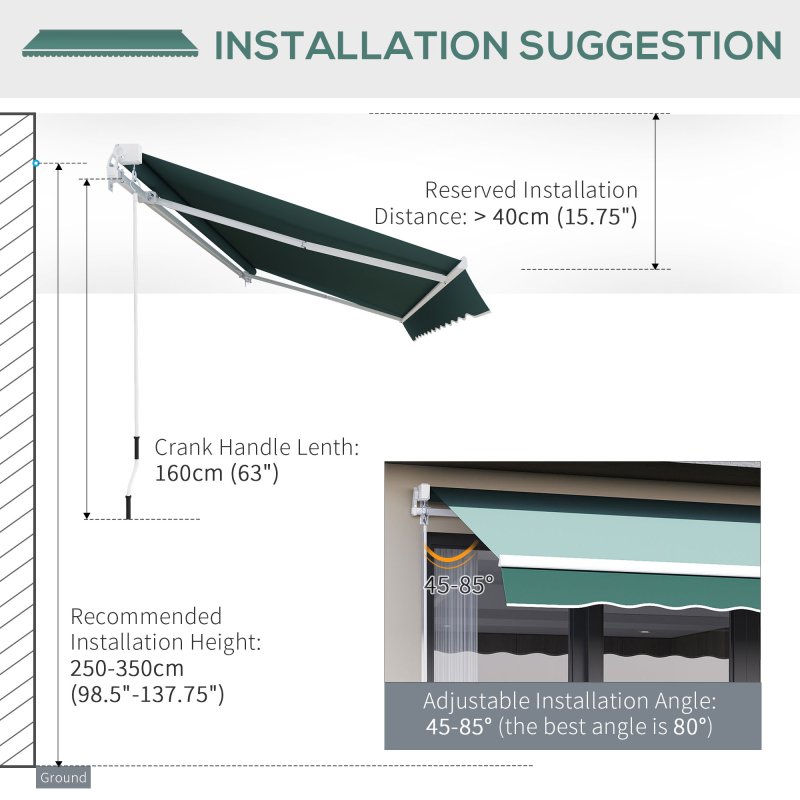 Outsunny 2.5m x 2m Retractable Awning, DIY Garden Awning Canopy, Anti-UV Sun Shade Shelter with Aluminium Frame and Crank Handle, Green