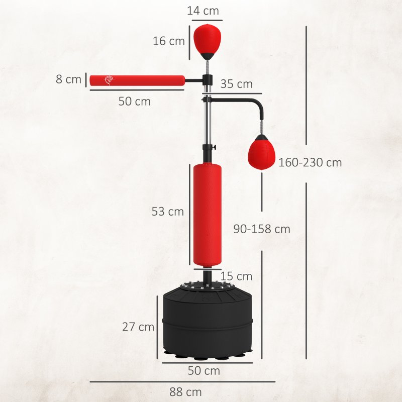 HOMCOM 4-in-1 Boxing Punching Bag Free Standing with 2 Speed Balls, 360 Degree Relax Bar, PU-Wrapped Boxing Bag and Fillable Base, 160-230cm Adjustable Height, Red