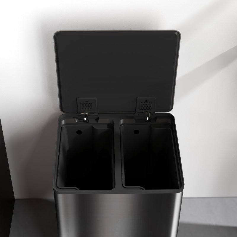 HOMCOM Dual Kitchen Bin, 2 x 30L Stainless Steel Double Pedal Bin with Soft-Close Lid, Removable Inner Buckets and Handles for Recycling and Waste