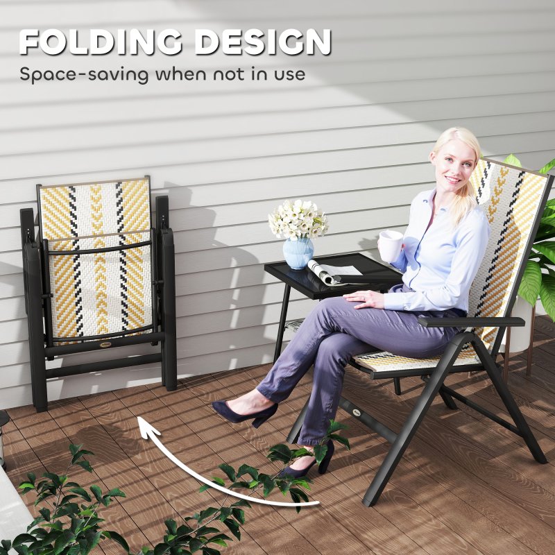 Outsunny Rattan Folding Chair Outdoor Set of 2, 5-Position Adjustable Wicker Garden Dining Chair with High Backrest, Wide Armrest, for Patio, Terrace, Balcony, Orange