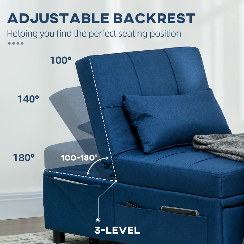HOMCOM Convertible Chair Bed with Padding Seat, 4-in-1 Multi-Functional Sleeper Sofa Bed, Recliner with Adjustable Backrest, Side Pocket, Wheels and Pillow, for Living Room