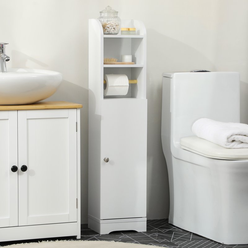 kleankin Slim Bathroom Storage Cabinet with 2 Open Shelves and Toilet Paper Roll Holder, Freestanding Bathroom Storage Unit with Adjustable Shelf, 23 x 18 x 100 cm, White
