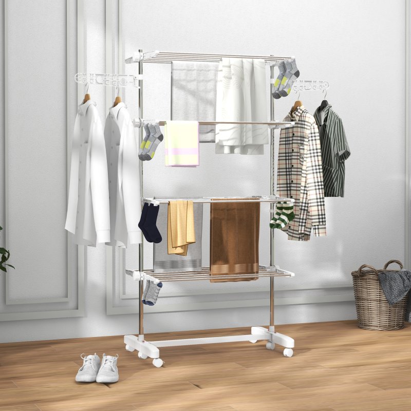 HOMCOM 4-Tier Clothes Airer, Stainless Steel Foldable Clothes Drying Rack with Wheels and Wings, Indoor and Outdoor, Easy Assembly, 142 x 55 x 172cm