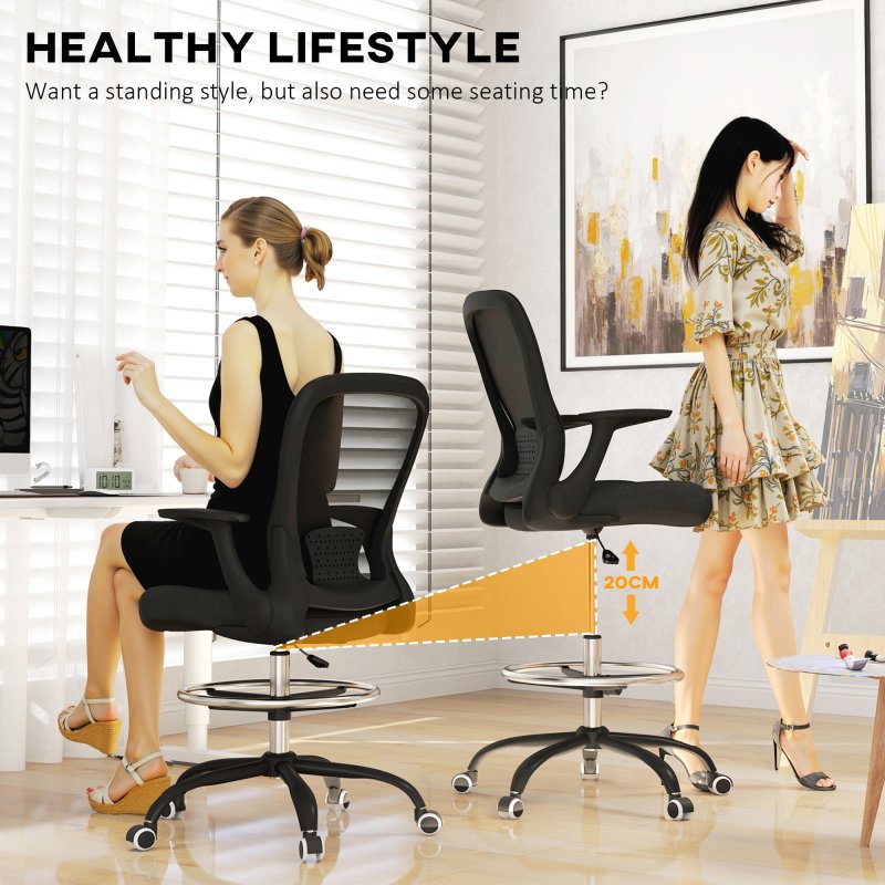 HOMCOM Drafting Chair, Swivel Draughtsman Chair, Ergonomic Office Chair, Mesh Standing Desk Chair with Flip-up Armrest, Lumbar Support, Adjustable Foot Ring, Black