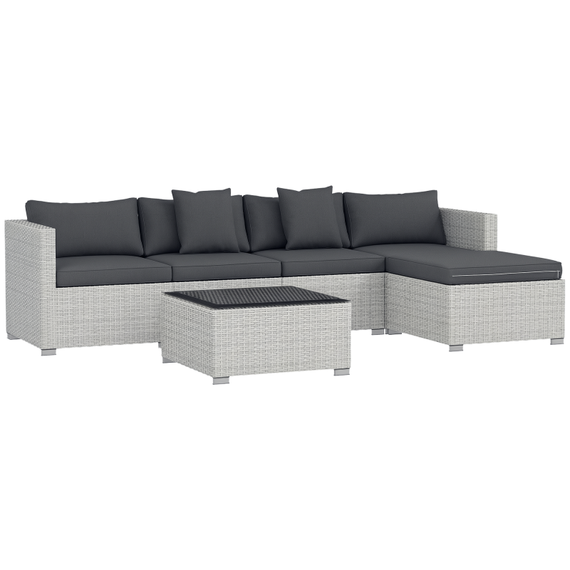 Outsunny 6 Pieces Rattan Garden Furniture Set, 5 Seater Sectional Garden Corner Sofa Set with Glass Top Coffee Table, Cushions and Pillows, All-Weather Wicker Conversation Furniture, Mixed Grey