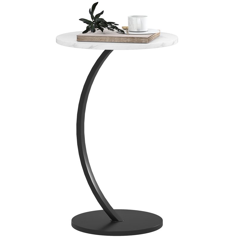 HOMCOM C Shaped Side Table, Round Bedside Table with Marble Effect Top, Modern Coffee Table Sofa End Table with Metal Frame for Living Room Bedroom Office, White