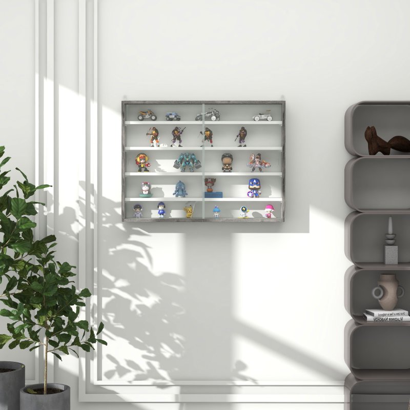 HOMCOM 5-Tier Wall Mounted Display Cabinet, Display Case with 4 Adjustable Shelves, Glass Doors for Home Office Ornaments 60x80cm, Grey Wood Grain
