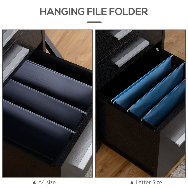 HOMCOM 3 Drawer Filing Cabinet with Lock and Edged Top, Lockable Filing Cabinet on Wheels with Hanging Bars for Letter and A4 Size, Black