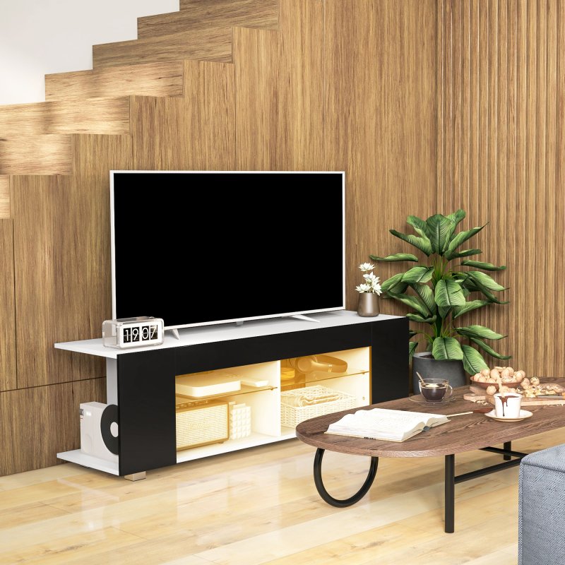 HOMCOM 145cm TV Unit with Glass Shelves and LED Light, Modern TV Stand Cabinet for Living Room, Entertainment Unit for 60 inch 4k TV