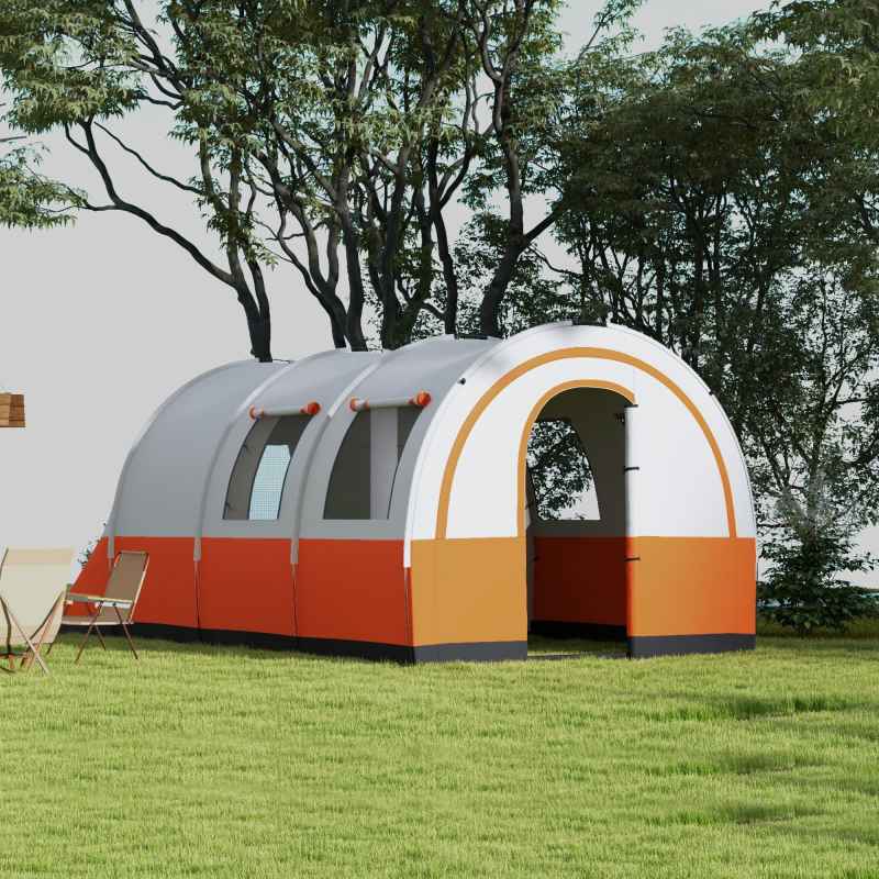 Outsunny 5-6 Man Camping Tent, 3000mm Waterproof Tunnel Family Tent Shelter with Bedroom and Adjustable Living Room, Easy Setup with Carry Bag, Cream and Orange