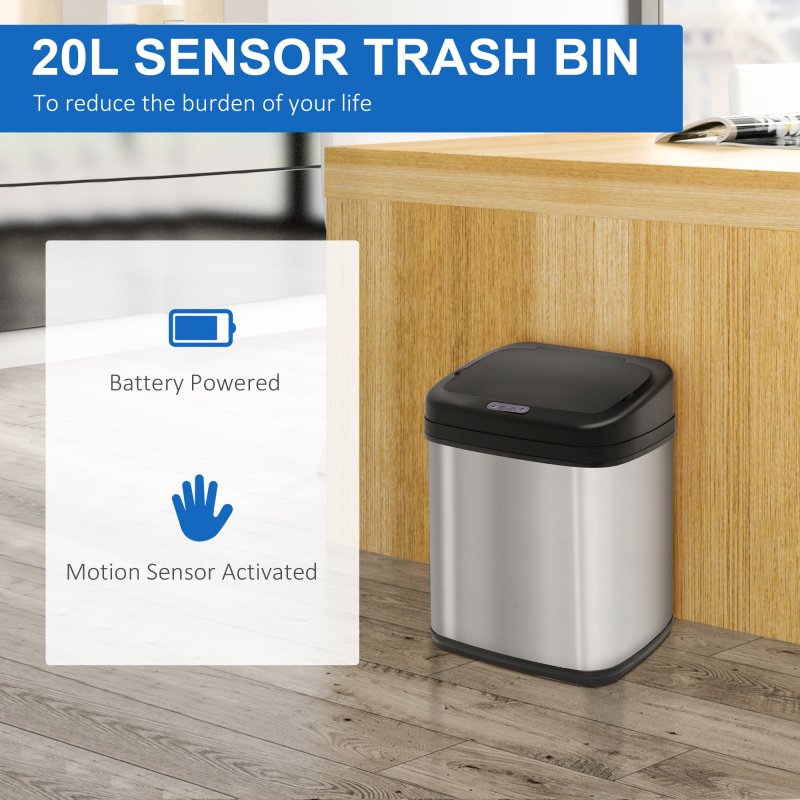 HOMCOM 20L LUXURY Automatic Sensor Dustbin Kitchen Waste Bin Rubbish Trashcan Auto Dustbin Stainless Steel with Bucket 33*25*42.5CM