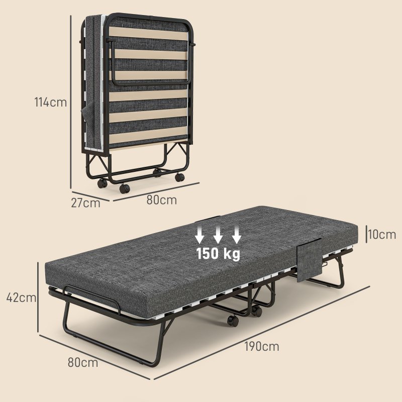 HOMCOM Folding Bed with Mattress, Foldable Guest Bed on Wheels, Portable Single Bed with 10cm Mattress, Side Pockets, Cover, 190 x 80cm, Dark Grey
