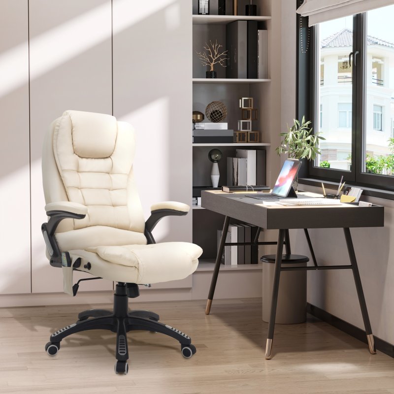 HOMCOM 6-Point Massage Office Chair with Seat Heated for Home Office, PU Leather High Back Executive Desk Chair with Adjustable Height and 360° Swivel for Work Study