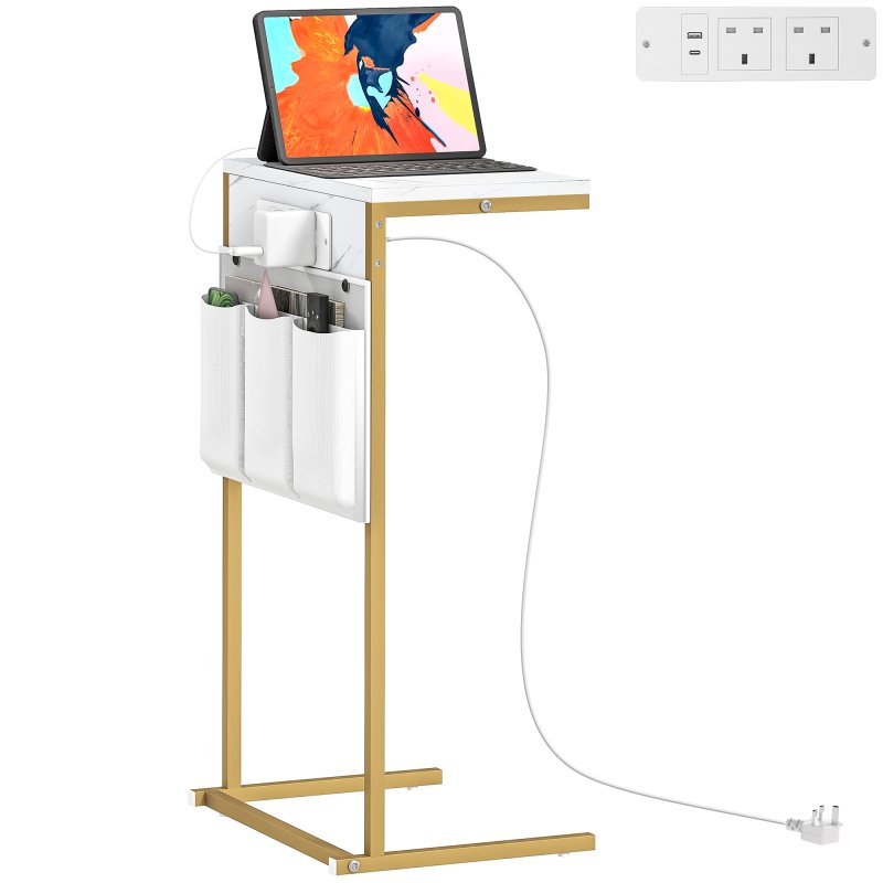 HOMCOM C-Shaped Bedside Table with Charging Station, Marble Grain Side Table with Power Outlets & USB Ports, Storage Bags, for Bedroom, Living Room, White