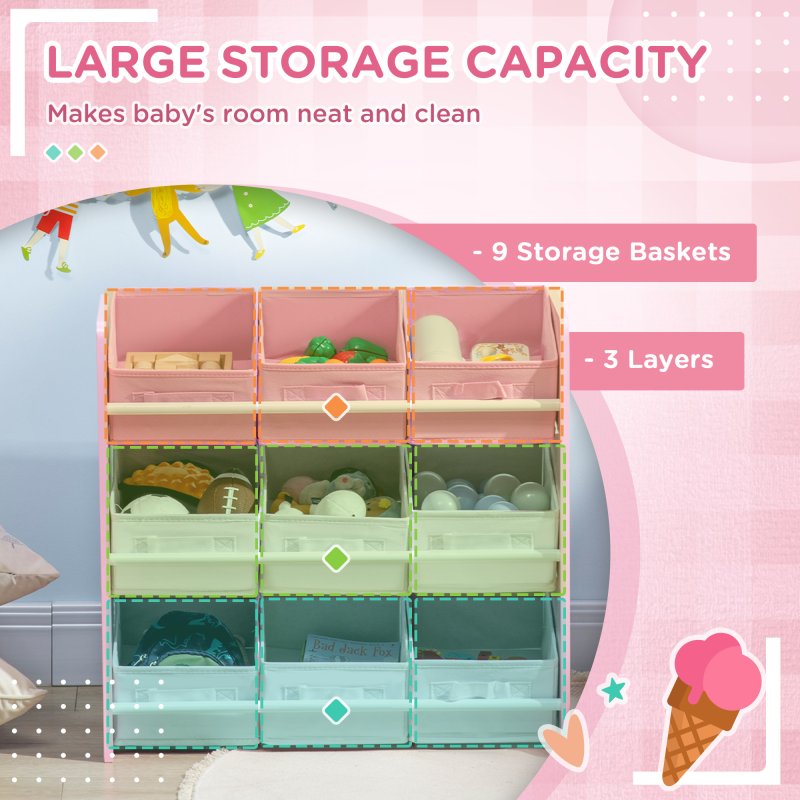 ZONEKIZ Kids Storage Unit Toy Box Organiser Bookshelf w/ Nine Removable Baskets, for Bedroom, Nursery, Playroom - Pink