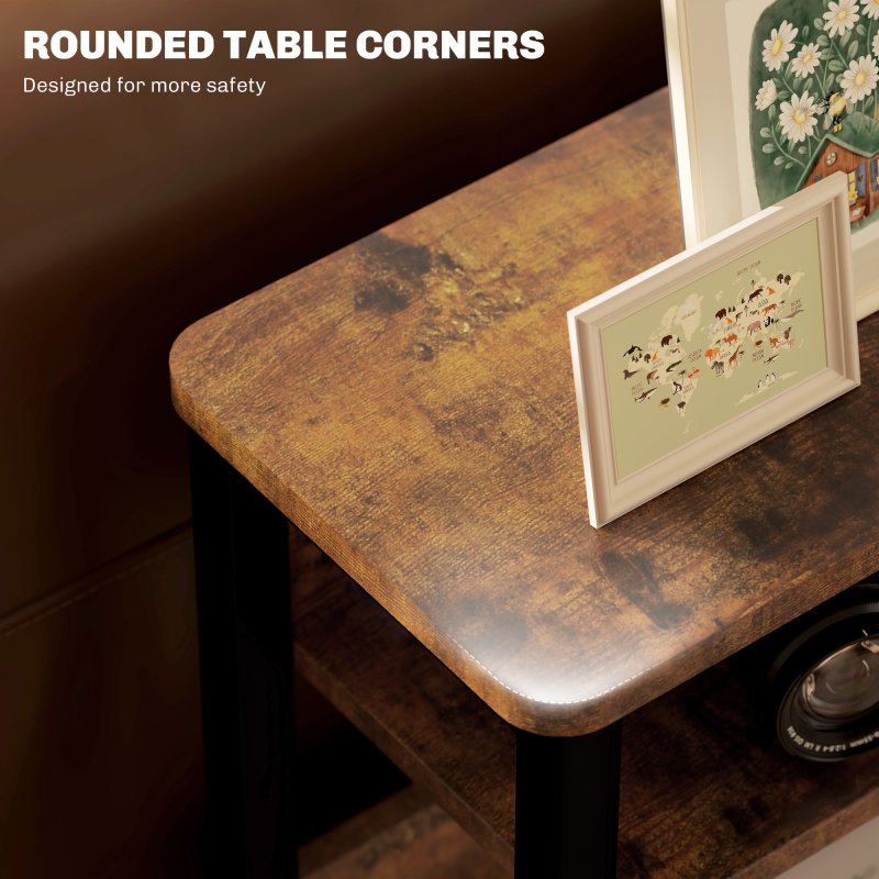 HOMCOM Side Table, Narrow Bedside Table with 2 Storage Shelves, Industrial Sofa End Table with Metal Frame for Living Room, Bedroom, Rustic Brown
