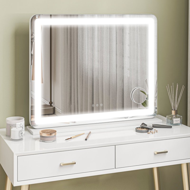 HOMCOM Vanity Mirror with Lights, Large Lighted Makeup Mirror with 3 Colour Lighting Modes, 10X Magnifying, USB Charging Port, Touch Screen, Tabletop or Wall Mounted Design for Bedroom, White