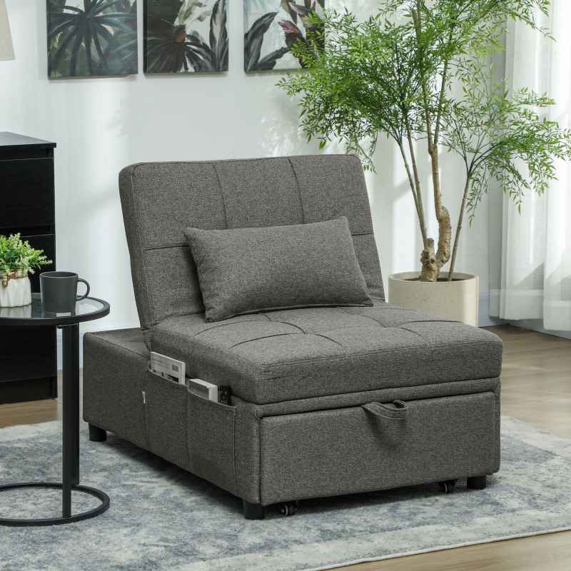 HOMCOM 4-in-1 Sofa Bed, Convertible Sleeper Chair Bed with Adjustable Backrest, Fabric Pull Out Chaise Lounge with Pockets for Living Room, Bedroom, Home Office, Small Space, Charcoal Grey