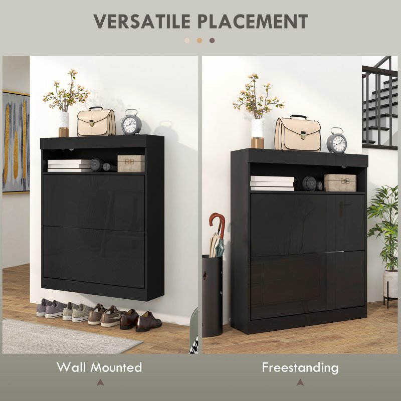 HOMCOM Narrow Shoe Cabinet, Wall Mounted or Freestanding Shoe Storage Cabinet with 2 Flip Drawers and Open Shelf for 12-16 Pairs of Shoes for Entryway, High Gloss