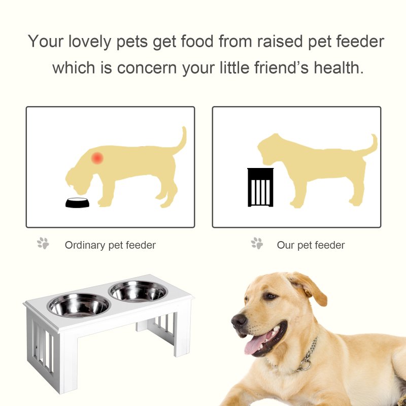 PawHut Raised Dog Bowl Feeding Bowls with Stand for Medium Dogs Elevated Pet Bowls Water Food Feeder 58L x 31W x 25H cm - White