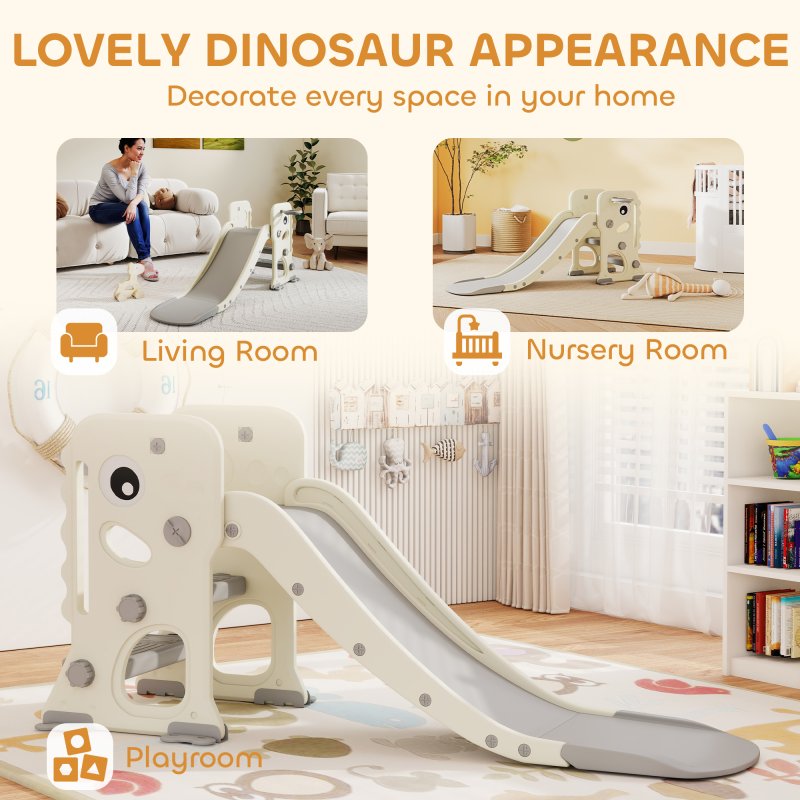 AIYAPLAY 3-in-1 Kids Slide, Foldable Dinosaur Shape Toddler Slide with Climber, Basketball Hoop and Ball, Indoor Playground Equipment for Ages 2-5, Cream White