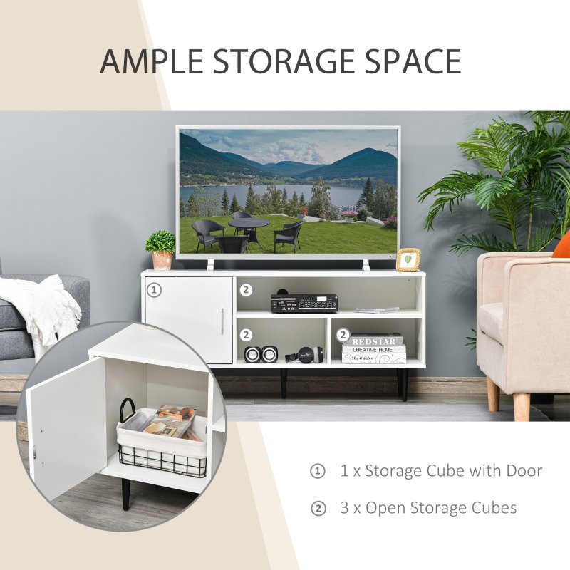 HOMCOM TV Stand Cabinet for Television up to 60 Inches, Modern TV Unit with Storage Shelf and Cable Hole for Living Room Bedroom, White