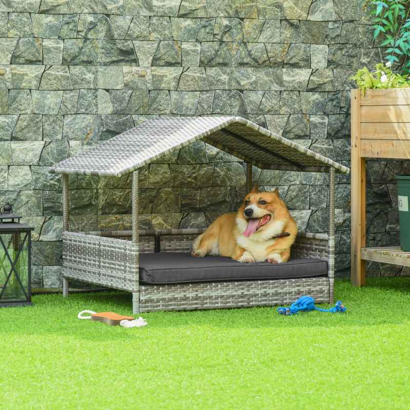 PawHut Wicker Dog Bed, Elevated Rattan Dog House with Removable Cushion and Canopy, for Small and Medium Dogs, 98 x 69 x 70cm - Dark Grey