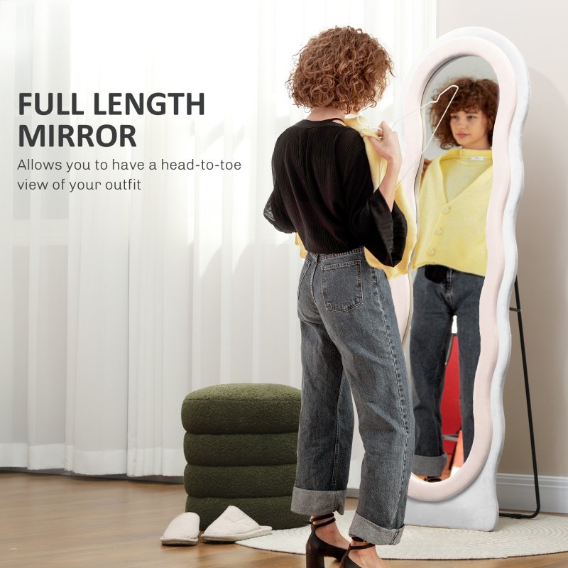 HOMCOM Irregular Wavy Mirror Full Length, 160 x 50cm Free Standing, Leaning or Wall Mirror with Velvet Wrapped Frame and Arched Top for Living Room, Bedroom, White and Pink