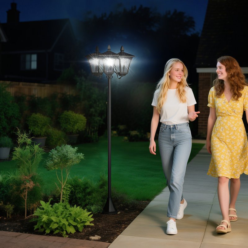 Outsunny 1.8m Traditional Victorian Style 3 Way Head Outdoor Garden Solar Post Lamp Sensor Dimmable LED Lantern Bollard Pathway IP44 - Black