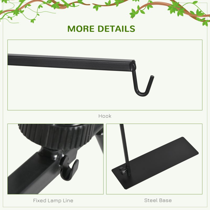 PawHut Reptile Lamp Stand, Adjustable Height and Width Heat Lamp for Reptile Amphibian Terrariums, Light Stand with Hook Hanging Steel Base, 86-129Hcm, 42-50Wcm - Black