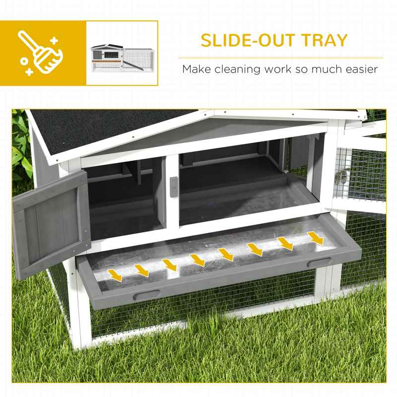 PawHut Rabbit Hutch with Run Wooden Guinea Pig Hutch Outdoor Bunny Cage Hide House with Sliding Tray, Hay Rack, Ramp, 156 x 58 x 68cm, Grey