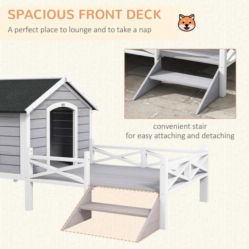 PawHut Outdoor Dog House with Porch, Wooden Dog Kennel with Water-resistant Asphalt Roof, Ladders, Fencing, Window, for Small and Medium Size, Grey
