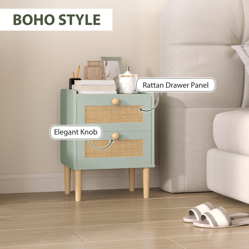 HOMCOM Bedroom Chest of Drawers, Boho Rattan Dresser with 2 Drawers, Storage Cabinet for Living Room, Hallway, Entryway, Olive Green