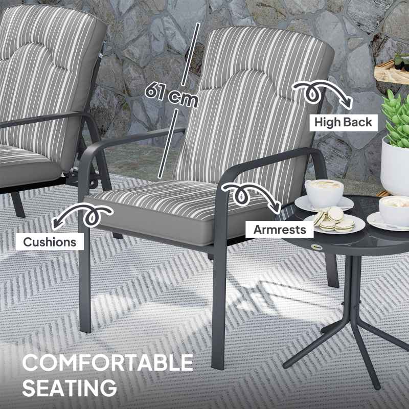 Outsunny 3-Piece Patio Bistro Set, 5-Position Adjustable Recliner Garden Chairs and Tempered Glass Table, Garden Furniture Set with Cushions, High Back, Armrests, Metal Frame for Balcony Patio, Grey