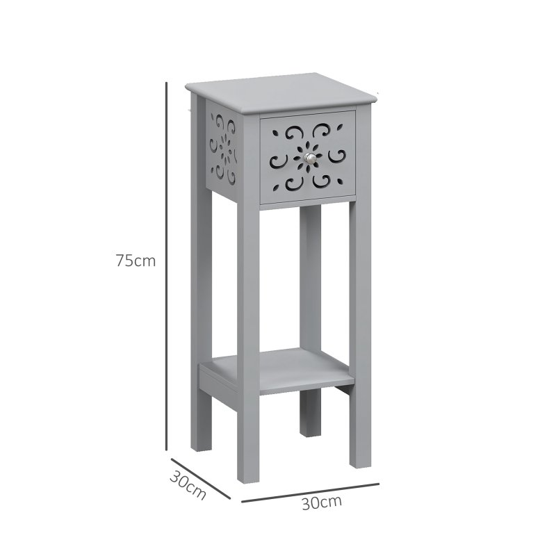 HOMCOM Side Table Set of 2, Bedside Table Set with Drawer and Storage Shelf, End Table Set with Elegant Flower-Shaped Design for Living Room Bedroom, Grey
