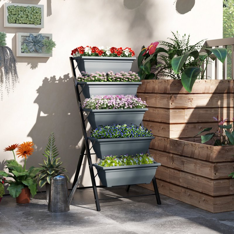 Outsunny 5-Tier Raised Garden Bed, Vertical Ladder Plant Stand with 5 Removable Boxes, Drainage Holes and Plugs, Indoor Outdoor Elevated Flower Herb Growing Box for Garden Patio Balcony, Grey