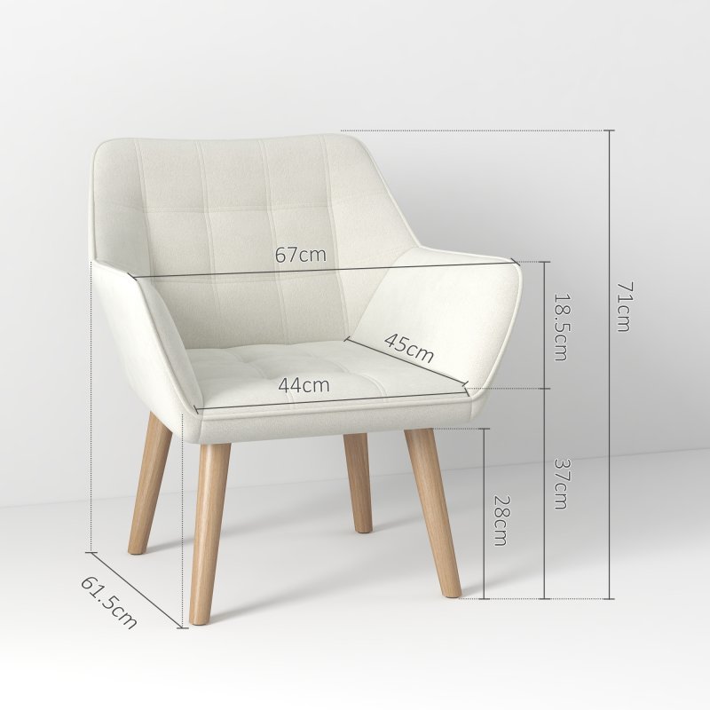 HOMCOM Armchair Accent Chair, Vanity Chair with Wide Arms, Slanted Back, Padding, Metal Frame, Wooden Legs, Home Bedroom Furniture Seating, Cream White