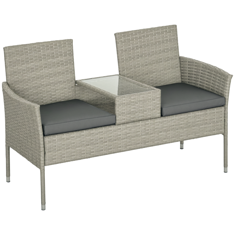 Outsunny 2 Seat Rattan Garden Bench, Patio Wicker Chair with Glass Tea Table, Outdoor Love Seat with Padded Cushions, for Garden, Porch, Mixed Grey/Grey