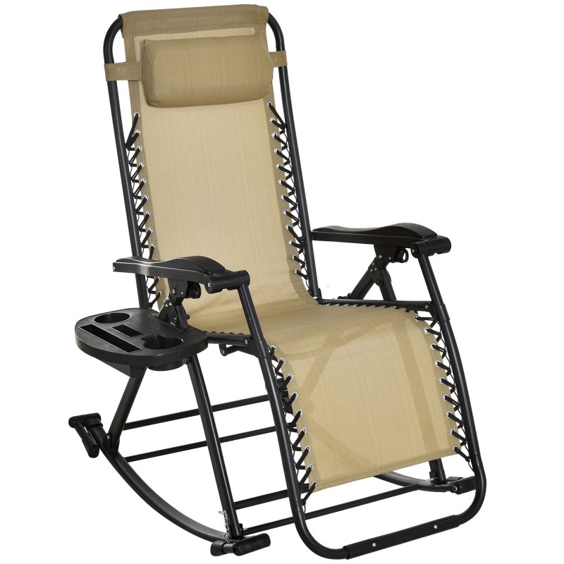 Outsunny Garden Rocking Chair Folding Recliner Outdoor Adjustable Sun Lounger Rocker Zero-Gravity Seat with Headrest Side Holder Patio Deck - Beige