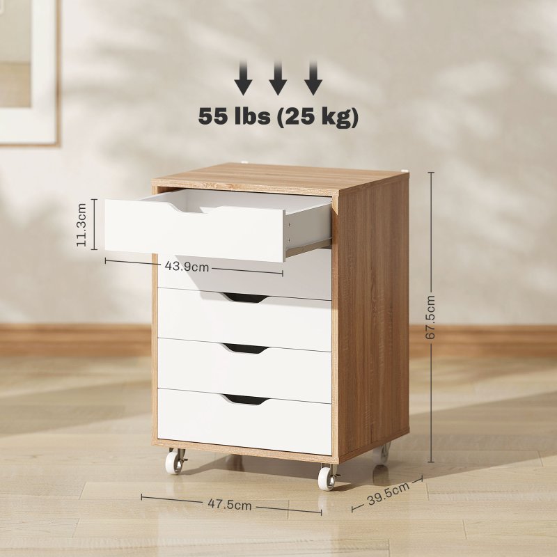 Vinsetto Vertical Filing Cabinet, 5-drawer File Cabinet, Mobile Office Cabinet on Wheels for Study, Home Office, Oak
