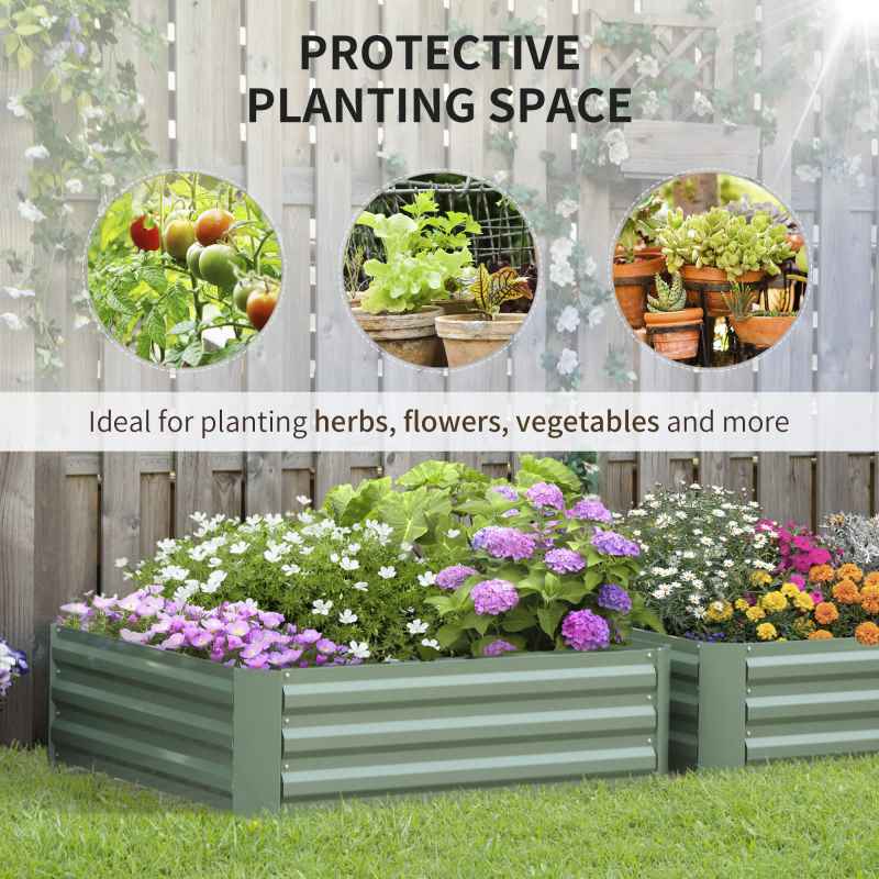 Outsunny Set of 2 291L Raised Garden Bed, Elevated Planter Box with Galvanised Steel Frame for Growing Flowers, Herbs, 100 x 100 x 30 cm, Green
