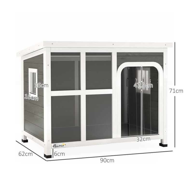 PawHut Outdoor Dog Kennel, Wooden Dog House Shelter with Asphalt Openable Top, Removable Floor, Clear Front Panel, Curtain, Windows, for Small, Medium Puppies, 90 x 62 x 71cm, Light Grey