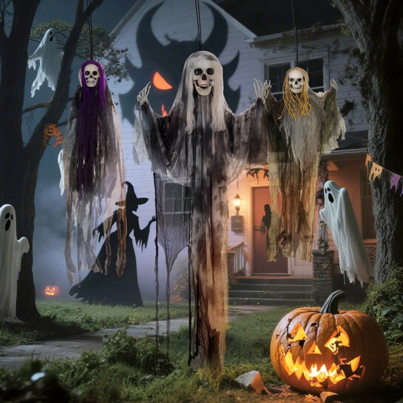 HOMCOM Life Size Hanging Skeleton Halloween Decorations, Set of 3 Scary Flying Ghost with Adjustable Arms for Haunted House, Garden, Party, 90/110/170cm