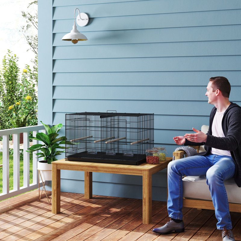 PawHut Bird Cage with Divider, Parrot Cage with 4 Wooden Perches, Slide Out Tray, 4 Feeders, for Budgie, Lovebird, Canary, Finches, 76 x 46 x 46cm, Black