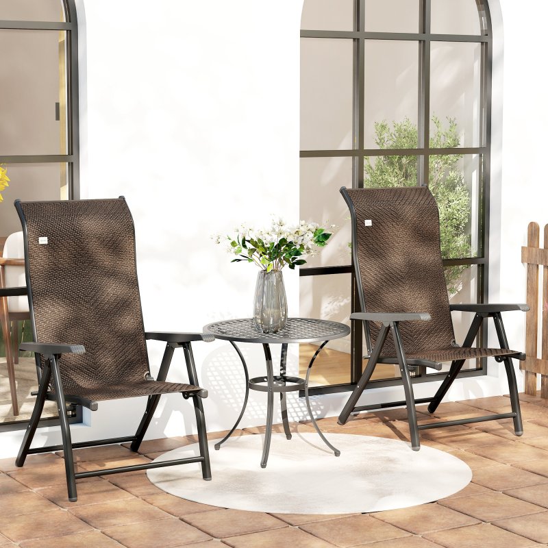 Outsunny Set of 2 Outdoor Wicker Folding Chairs, Patio PE Rattan Dining Armrests Chair set with 7 Levels Adjustable Backrest, for Outdoors, Camping, Brown