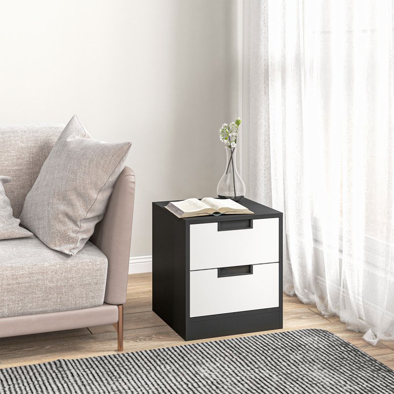 HOMCOM Bedside Tables Set of 2, Nightstands with 2 Drawers, Modern Bedside Cabinets with Storage for Bedroom, Living Room, White and Black